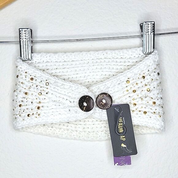 DAVID & YOUNG NWT White Gold Hand Knit Headband Ear Warmer OS Buttons Snow Cold - Picture 3 of 11